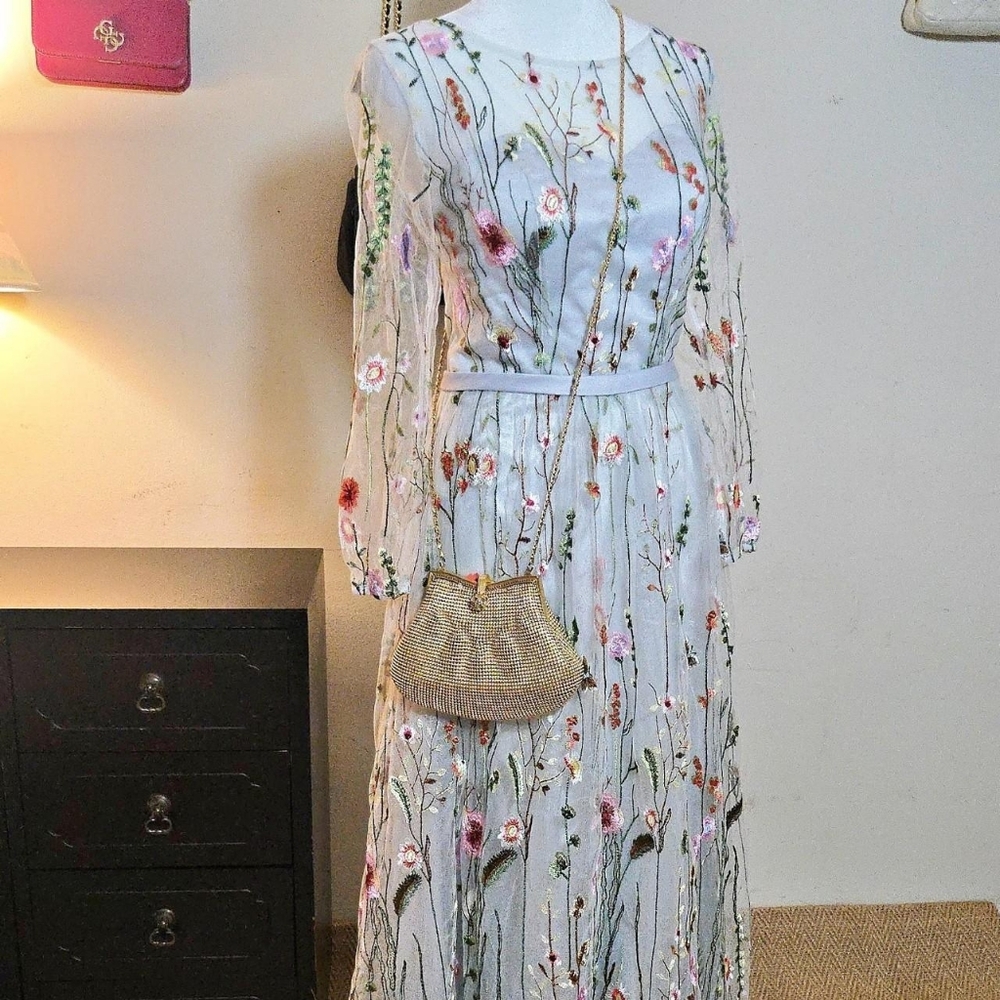 Silver Floral Embroidered Maxi Dress Sheer Sleeves And Sheer Open Back